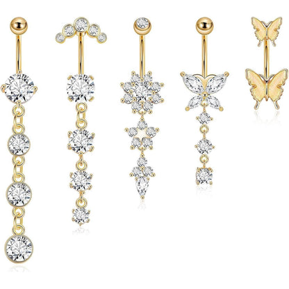 5er Set Bauchnabelpiercing Schmetterling Gold Chirurgenstahl Hängend