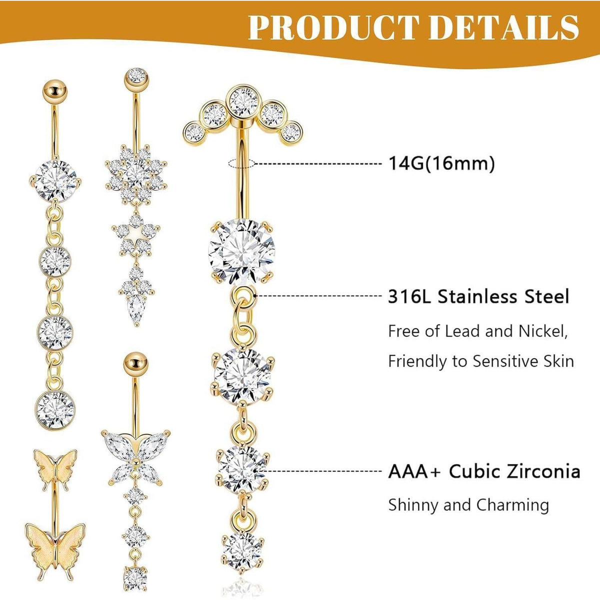 5er Set Bauchnabelpiercing Schmetterling Gold Chirurgenstahl Hängend