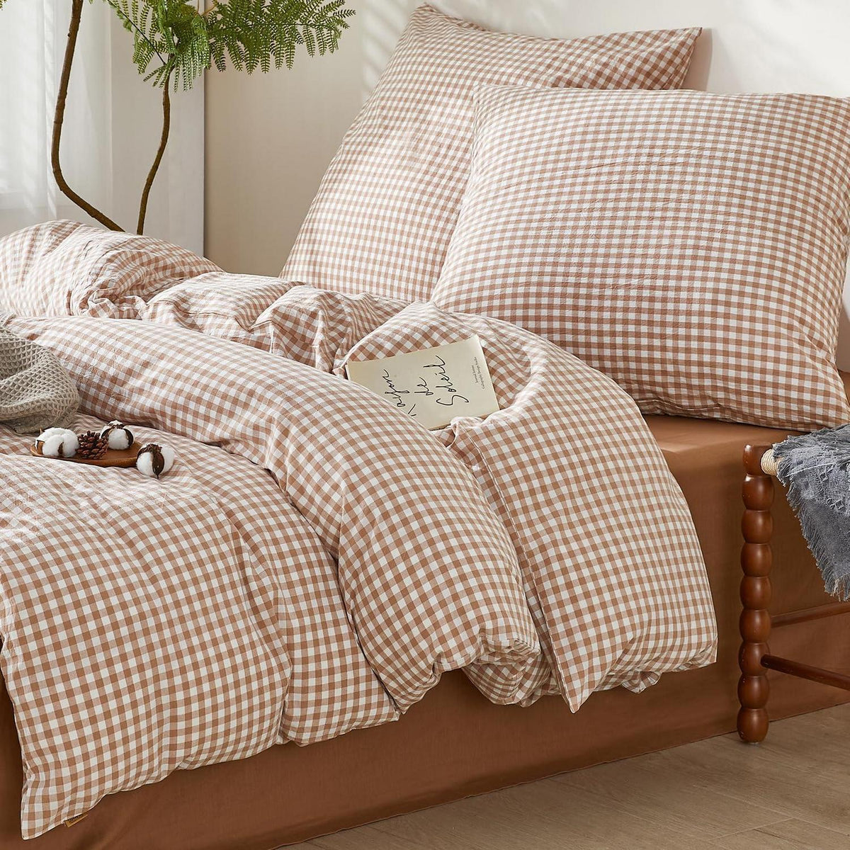 Gewaschene Baumwoll Bettwäsche Set 200x200 Taupe Kariert 3tlg.