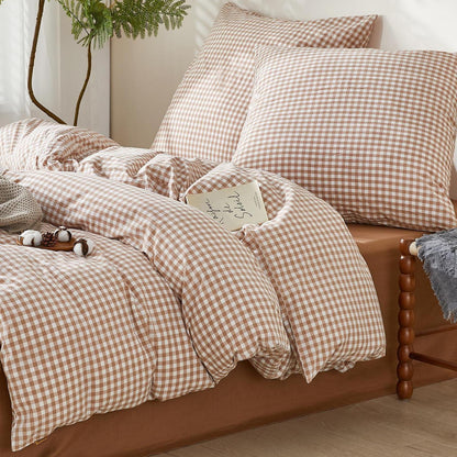 Gewaschene Baumwoll Bettwäsche Set 200x200 Taupe Kariert 3tlg.