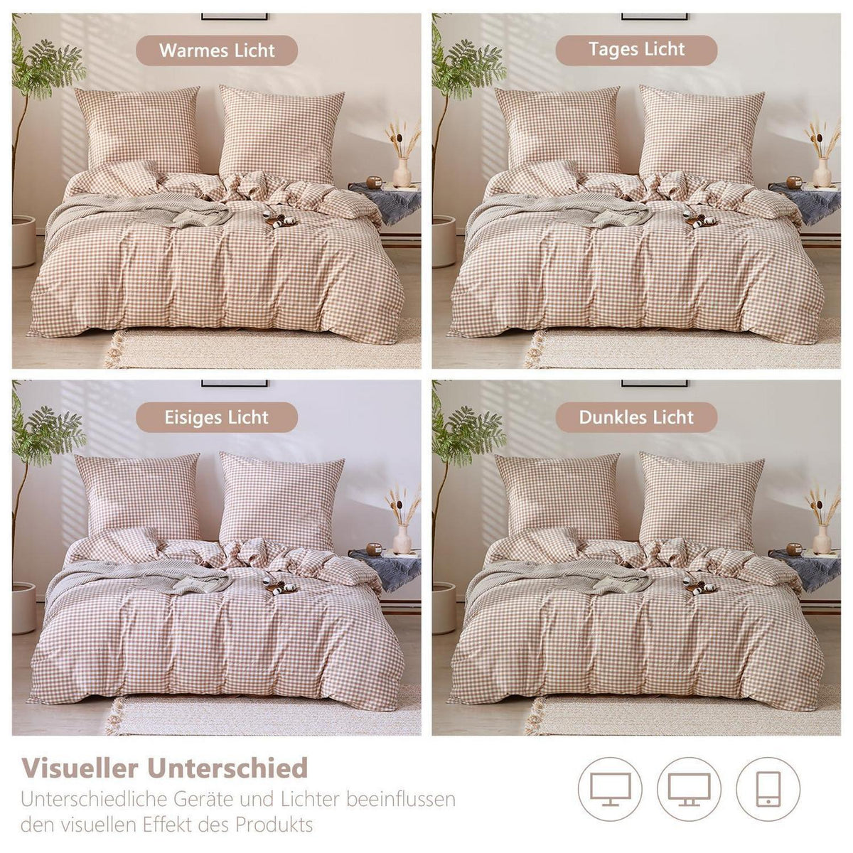 Gewaschene Baumwoll Bettwäsche Set 200x200 Taupe Kariert 3tlg.