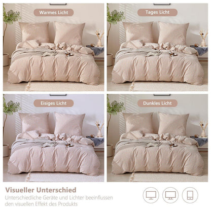 Gewaschene Baumwoll Bettwäsche Set 200x200 Taupe Kariert 3tlg.