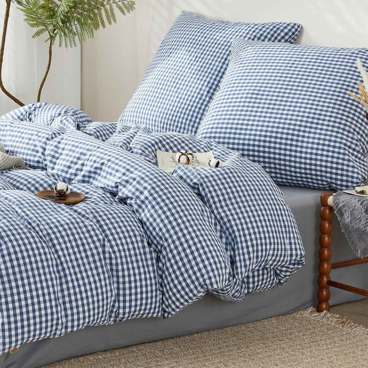 3tlg. Karierte Baumwoll Bettwäsche Set 200x220 Marineblau