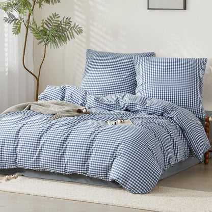 3tlg. Karierte Baumwoll Bettwäsche Set 200x220 Marineblau