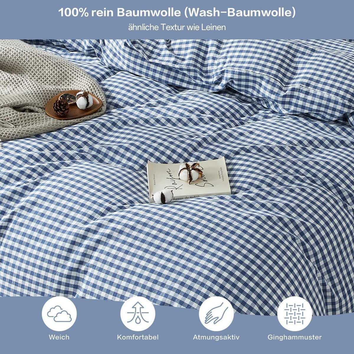 3tlg. Karierte Baumwoll Bettwäsche Set 200x220 Marineblau