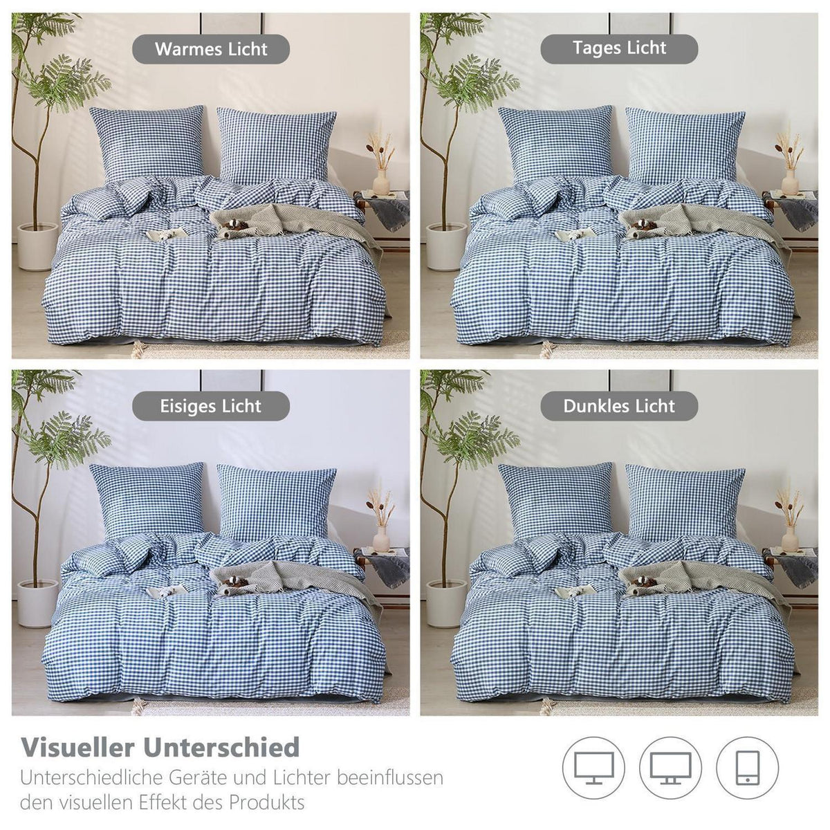 3tlg. Karierte Baumwoll Bettwäsche Set 200x220 Marineblau