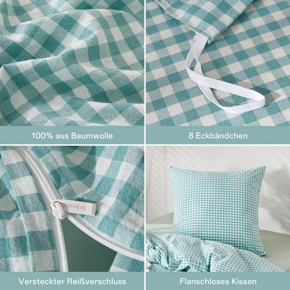 Gewaschene Baumwoll Bettwäsche Set Türkisblau 200x220 cm 3tlg.