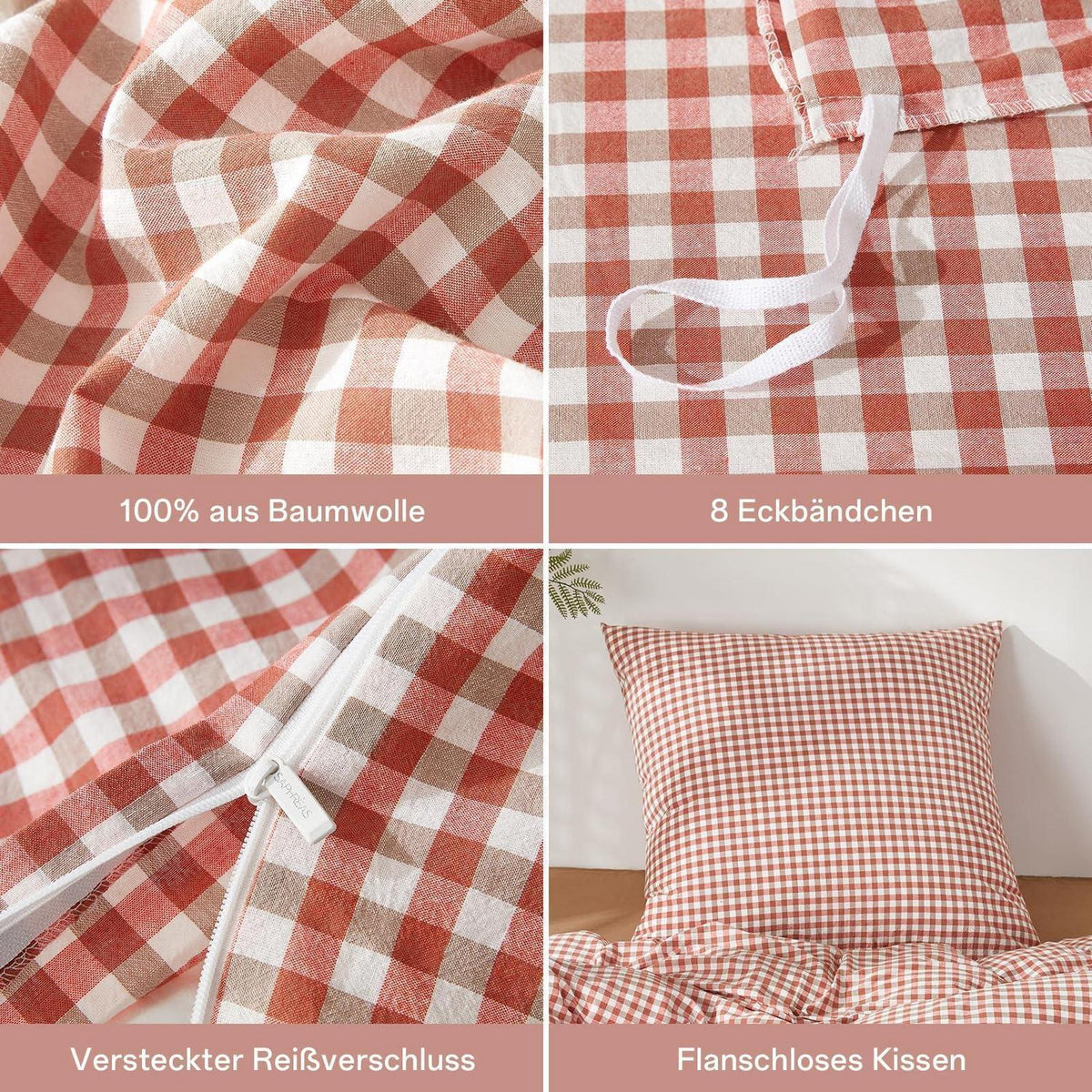 Gewaschene Baumwoll Bettwäsche Set 200x200 Ziegelrot 3tlg. Karomuster
