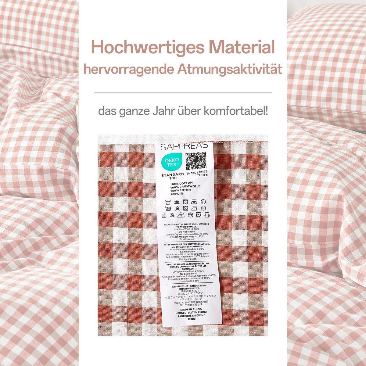 Gewaschene Baumwoll Bettwäsche Set 200x200 Ziegelrot 3tlg. Karomuster