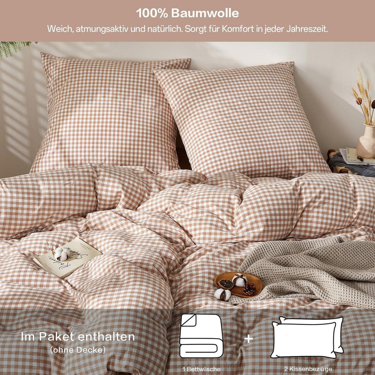 Gewaschene Baumwoll Bettwäsche Set 200x220 Taupe Kariert 3tlg.