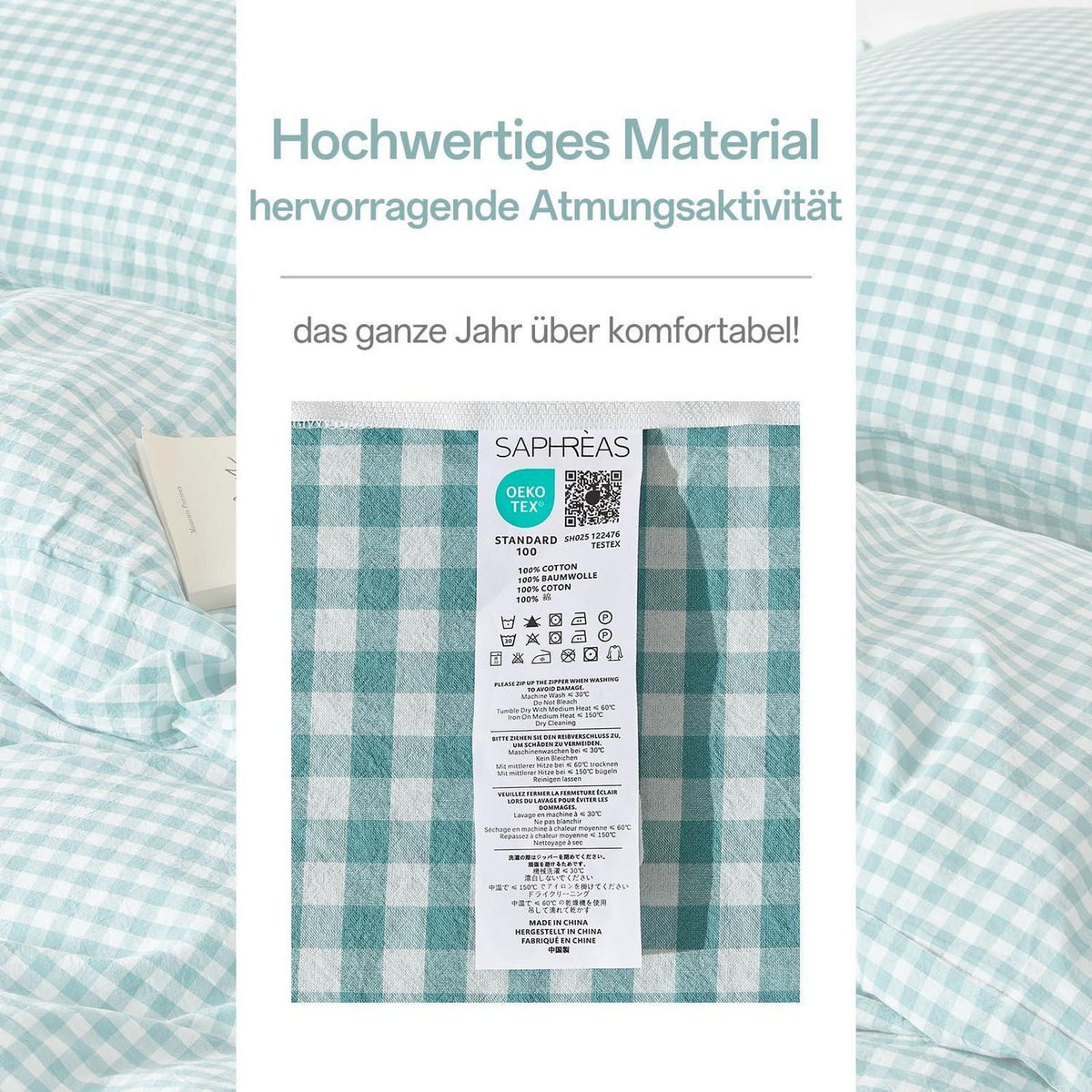 Gewaschene Baumwoll Bettwäsche Set 200x200 Türkisblau 3tlg. Karomuster