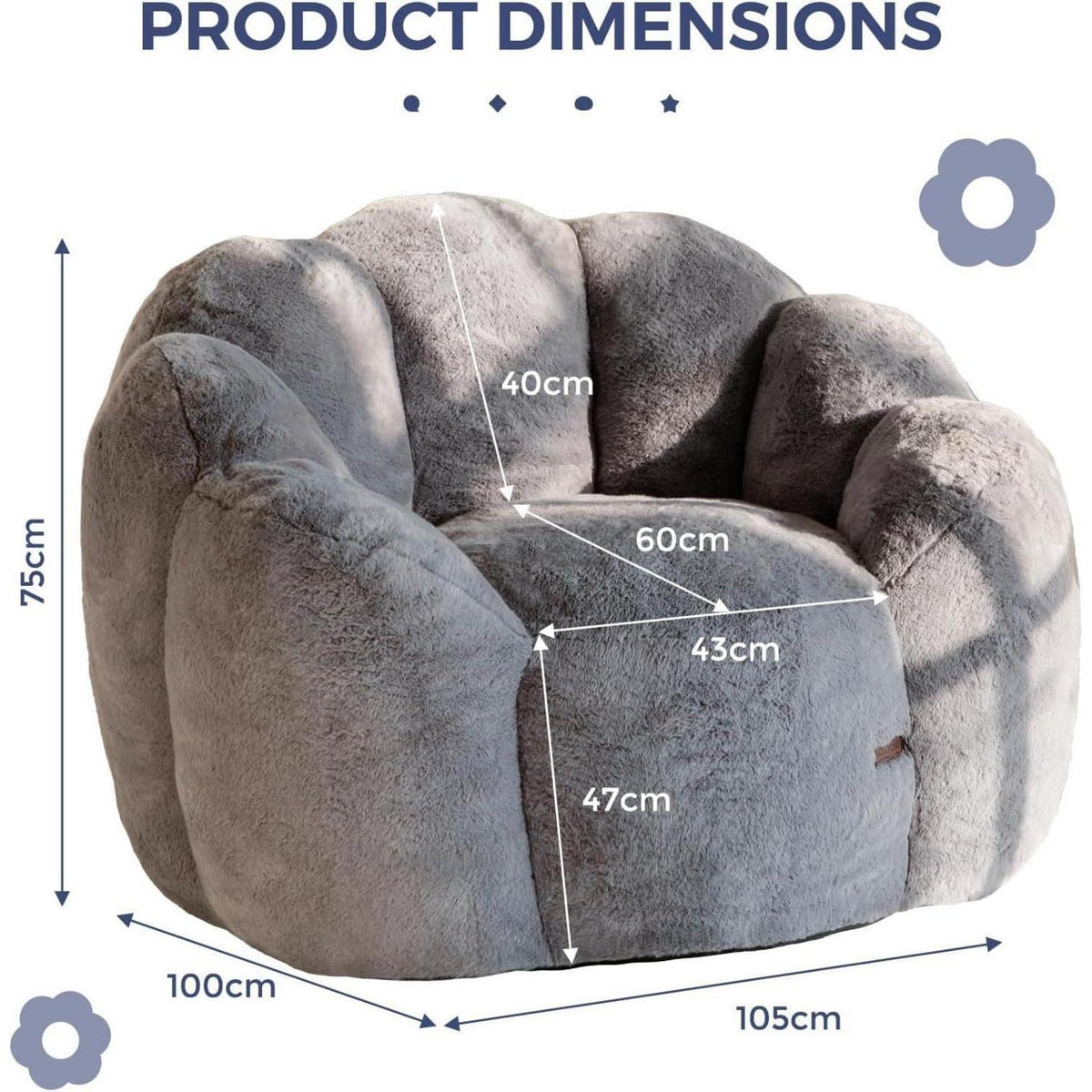 Flauschiger Sitzsack Erwachsene – Blumen Design, Memory Foam, Grau