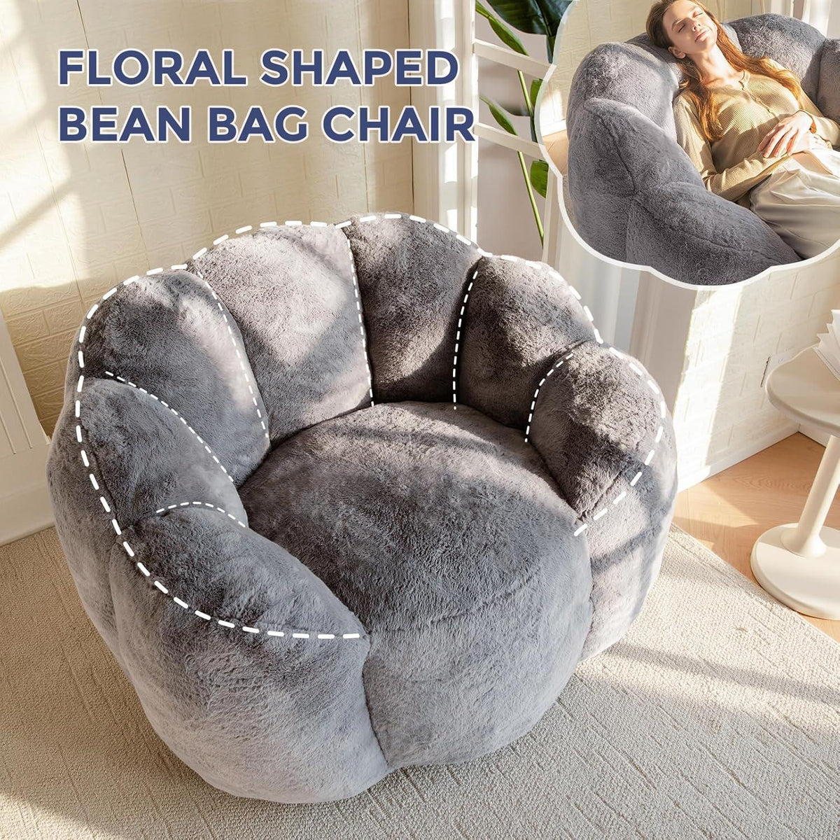 Flauschiger Sitzsack Erwachsene – Blumen Design, Memory Foam, Grau