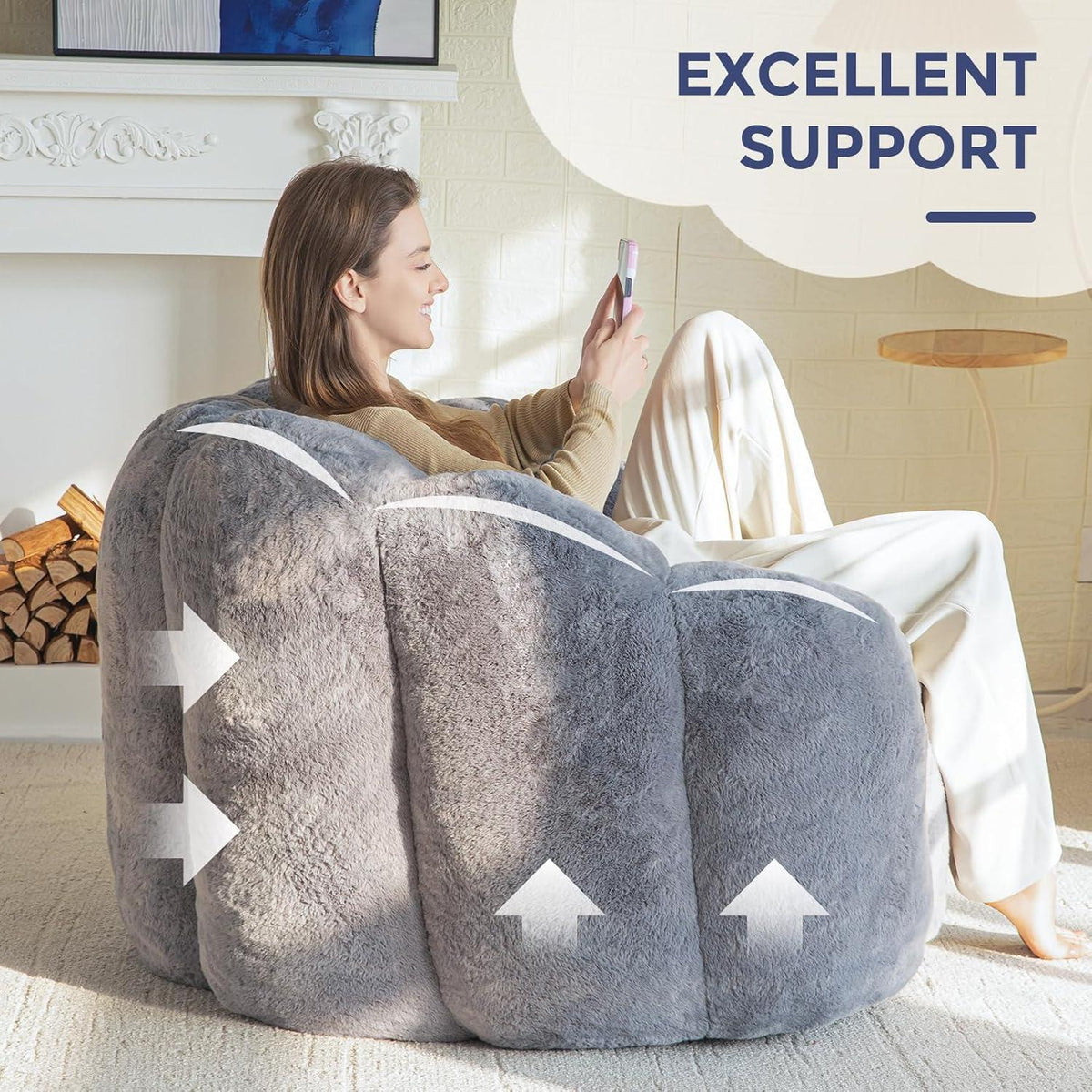 Flauschiger Sitzsack Erwachsene – Blumen Design, Memory Foam, Grau
