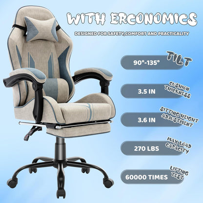 Ergonomischer Gaming-Stuhl mit Fußstütze, Kopfstütze & Lendenkissen – Grau