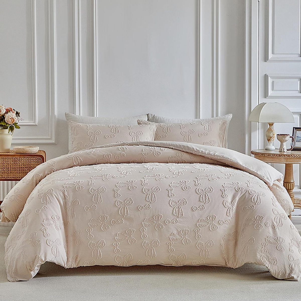 Getuftete Bettwäsche 135x200 Beige – 4-teilig mit Schleifenmuster