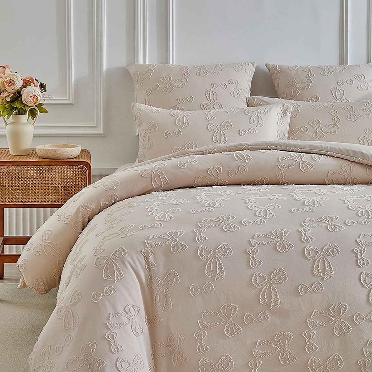 Getuftete Bettwäsche 135x200 Beige – 4-teilig mit Schleifenmuster