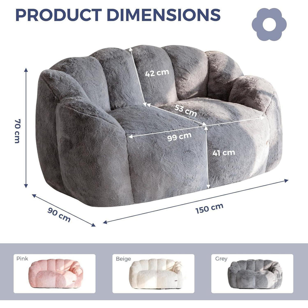 Floral Sitzsack 2-Sitzer mit Memory Foam – Grau