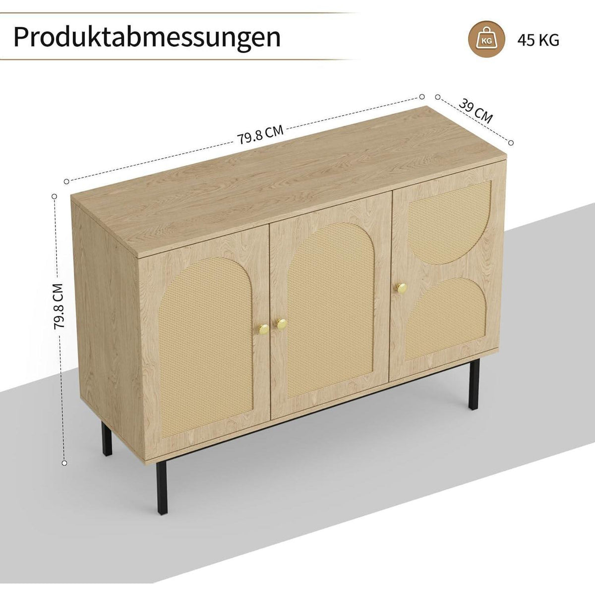Rattan Sideboard mit 3 Türen & Verstellbaren Ablagen