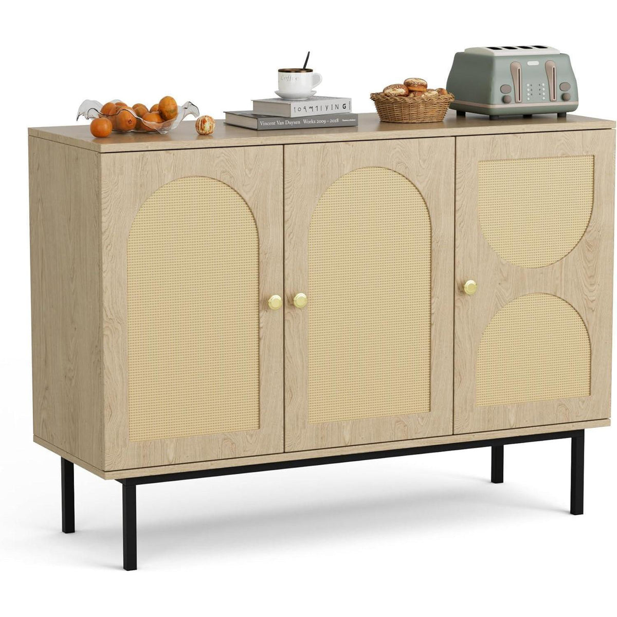 Rattan Sideboard mit 3 Türen & Verstellbaren Ablagen