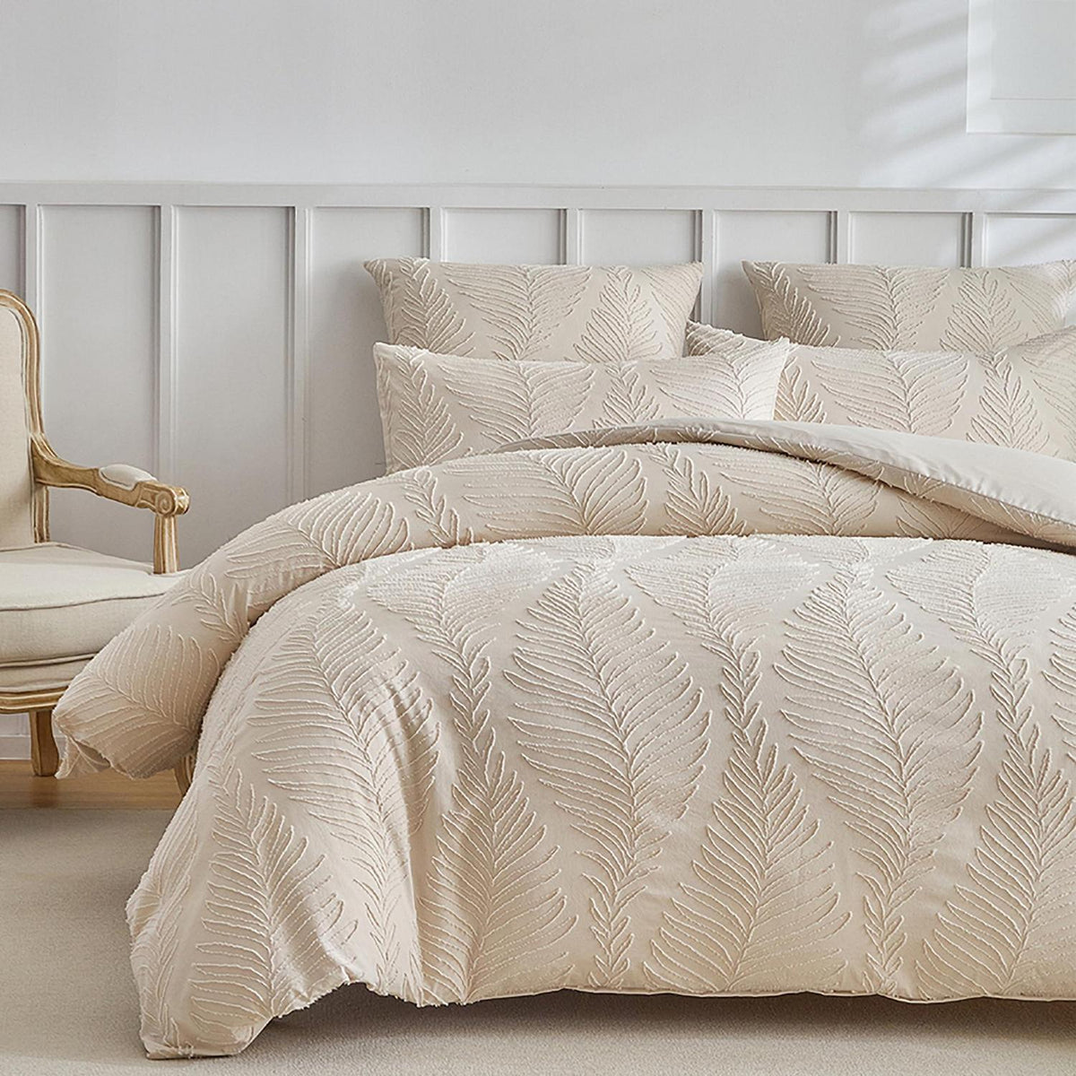 Bettwäsche-Set 135x200 cm, Beige Blattmuster, 4-teilig