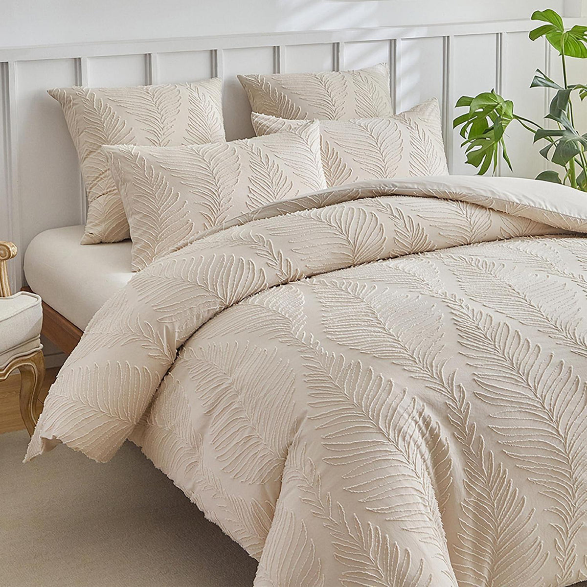 Bettwäsche-Set 135x200 cm, Beige Blattmuster, 4-teilig