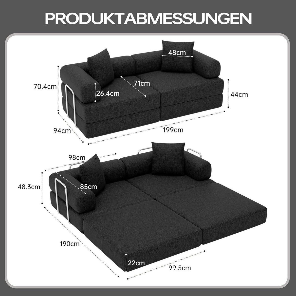 Klappbares Schlafsofa 199cm – Bequemer Futon für Wohnzimmer