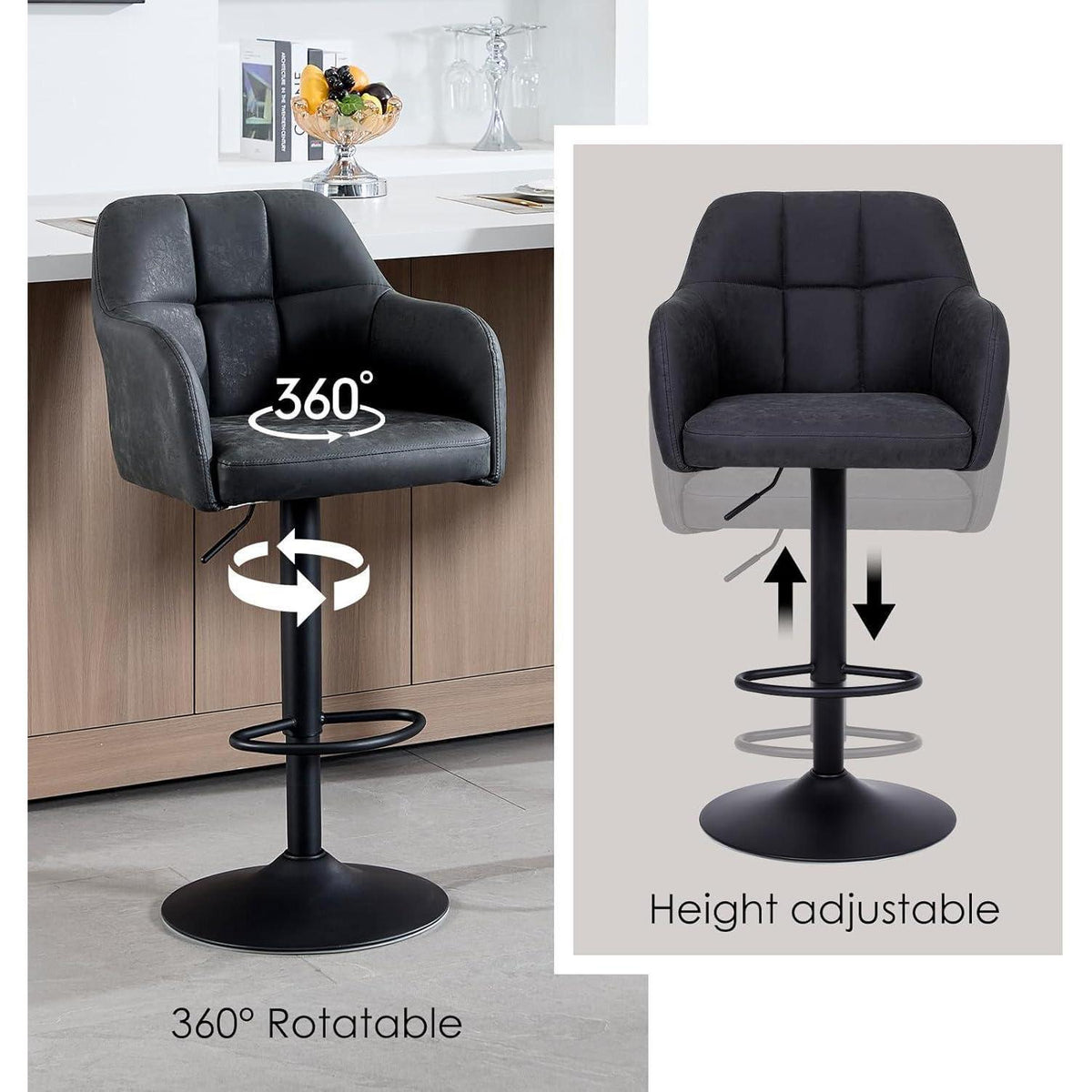 Moderner Barhocker 2er Set, höhenverstellbar & gepolstert in Lederoptik