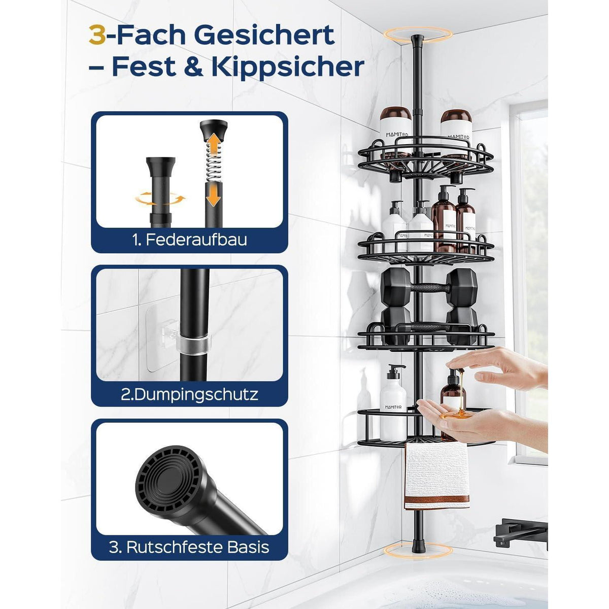 Teleskop Duschablage Eckregal 4-Stöckig Schwarz