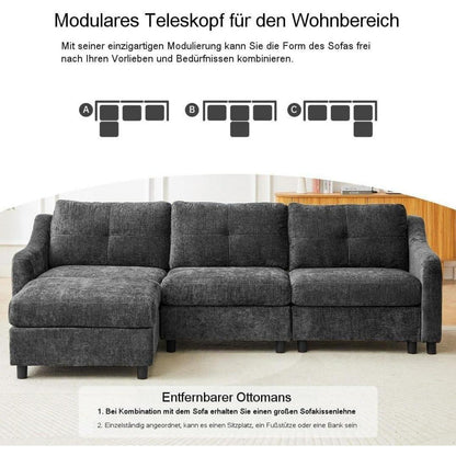 JIEXI Ecksofa mit Schlaffunktion – Grau, 3-Sitzer + Hocker