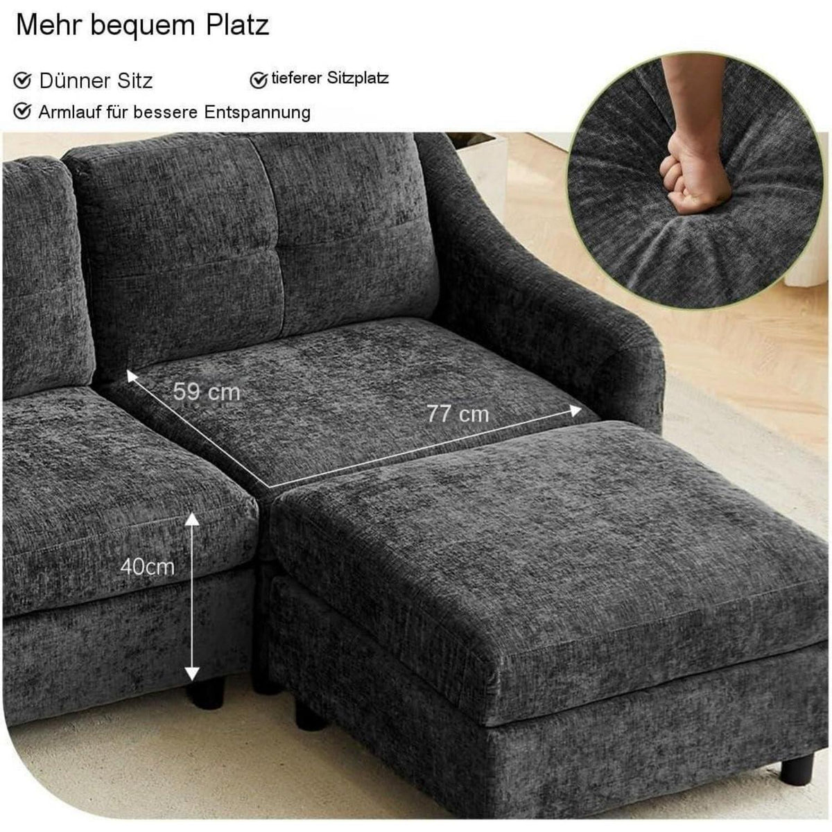 JIEXI Ecksofa mit Schlaffunktion – Grau, 3-Sitzer + Hocker