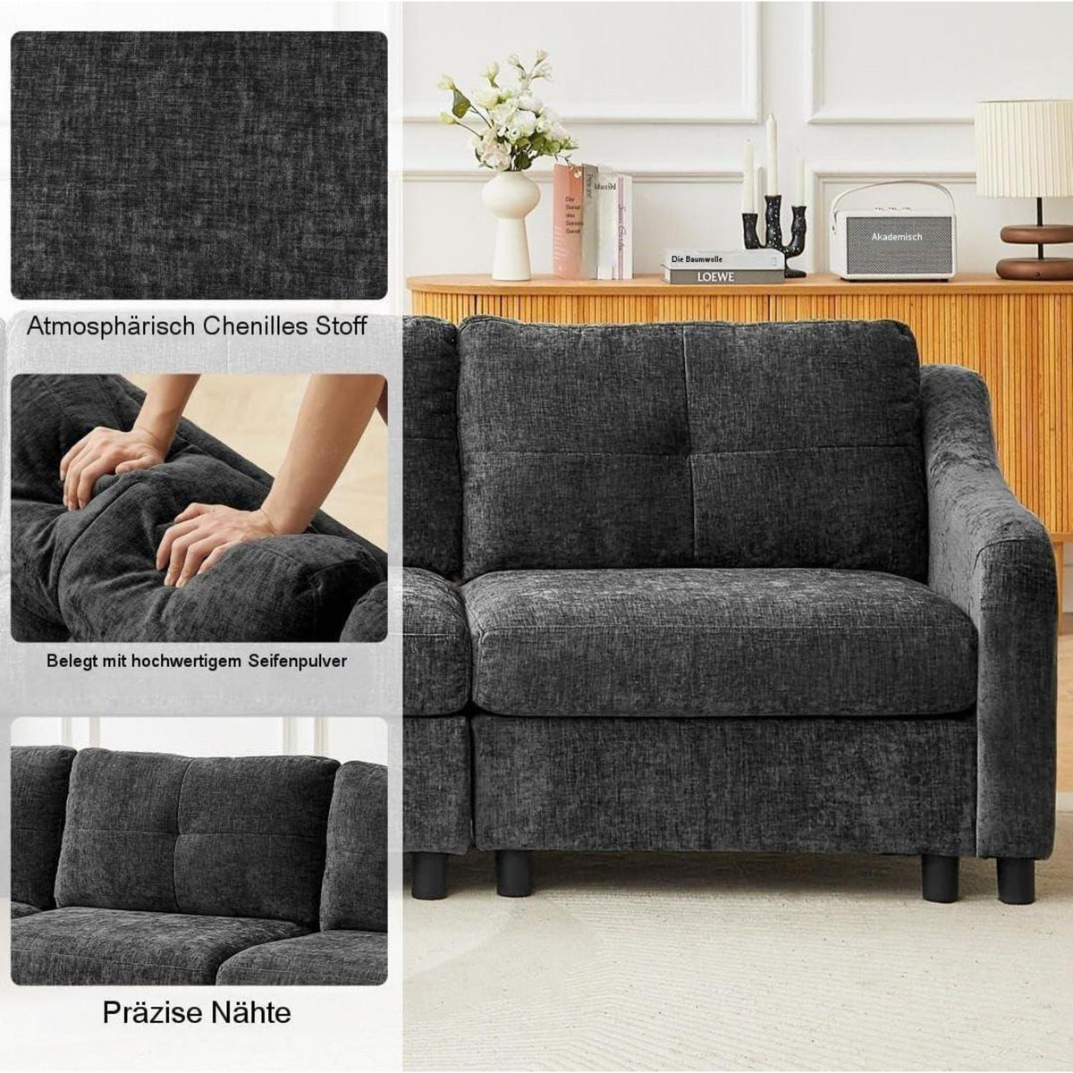 JIEXI Ecksofa mit Schlaffunktion – Grau, 3-Sitzer + Hocker