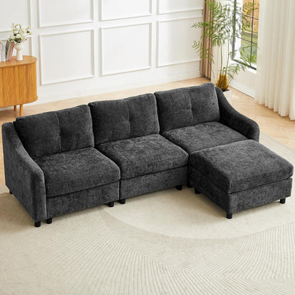 JIEXI Ecksofa mit Schlaffunktion – Grau, 3-Sitzer + Hocker