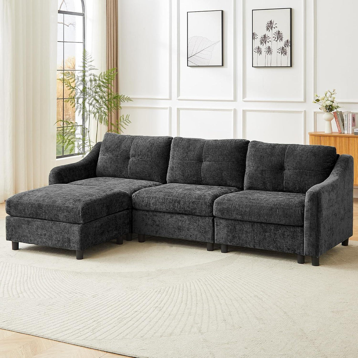 JIEXI Ecksofa mit Schlaffunktion – Grau, 3-Sitzer + Hocker