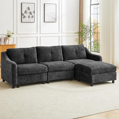 JIEXI Ecksofa mit Schlaffunktion – Grau, 3-Sitzer + Hocker