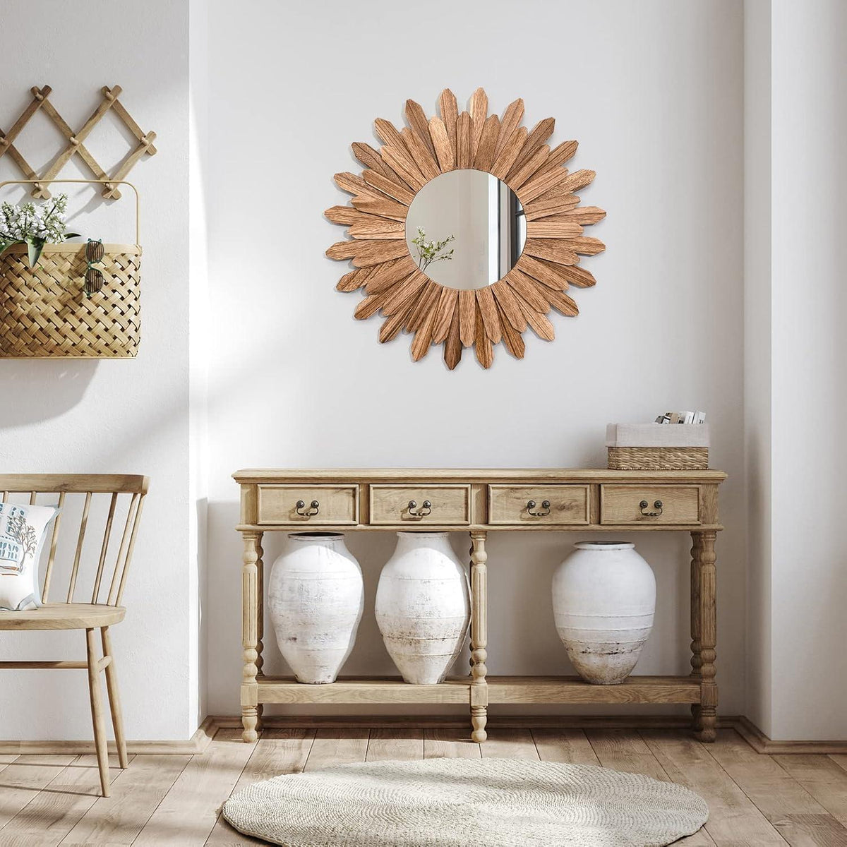 Rustikaler Wandspiegel Holz 48cm Sonnenschliff Boho Deko