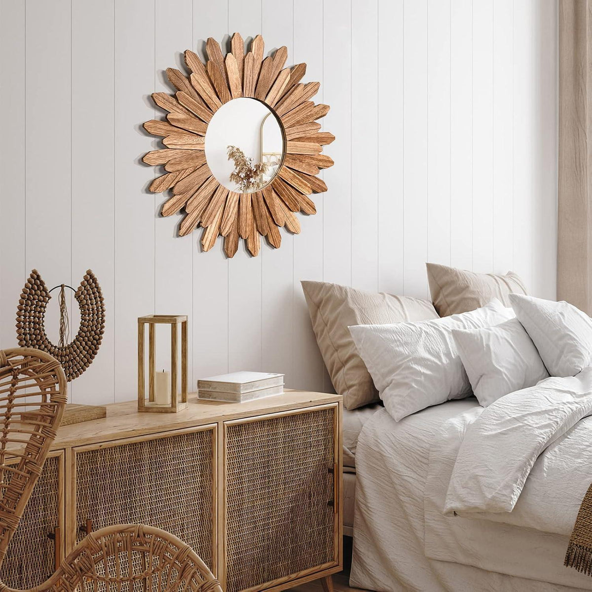 Rustikaler Wandspiegel Holz 48cm Sonnenschliff Boho Deko