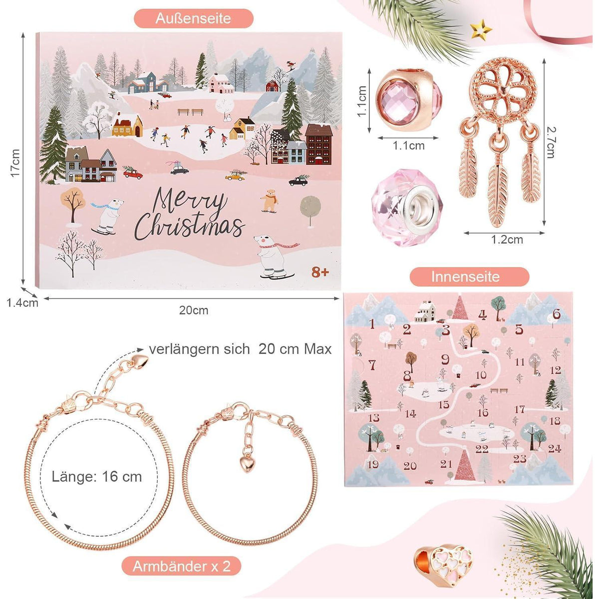 Adventskalender Schmuckset mit Armband und Charms, Rosegold