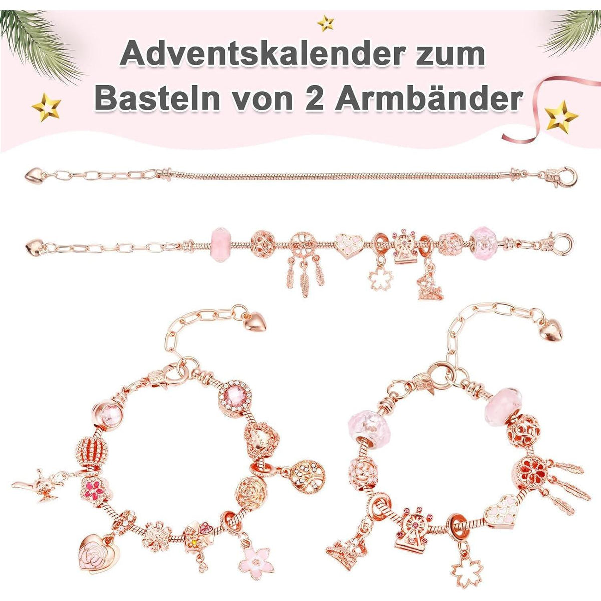 Adventskalender Schmuckset mit Armband und Charms, Rosegold