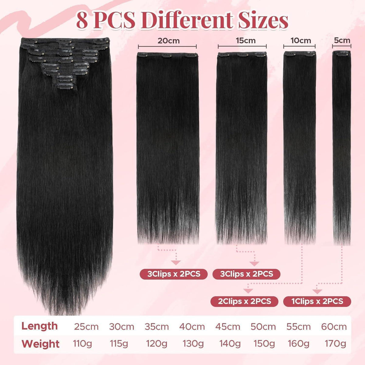 Clip In Echthaar Extensions Schwarz 30cm - 8-teiliges Set