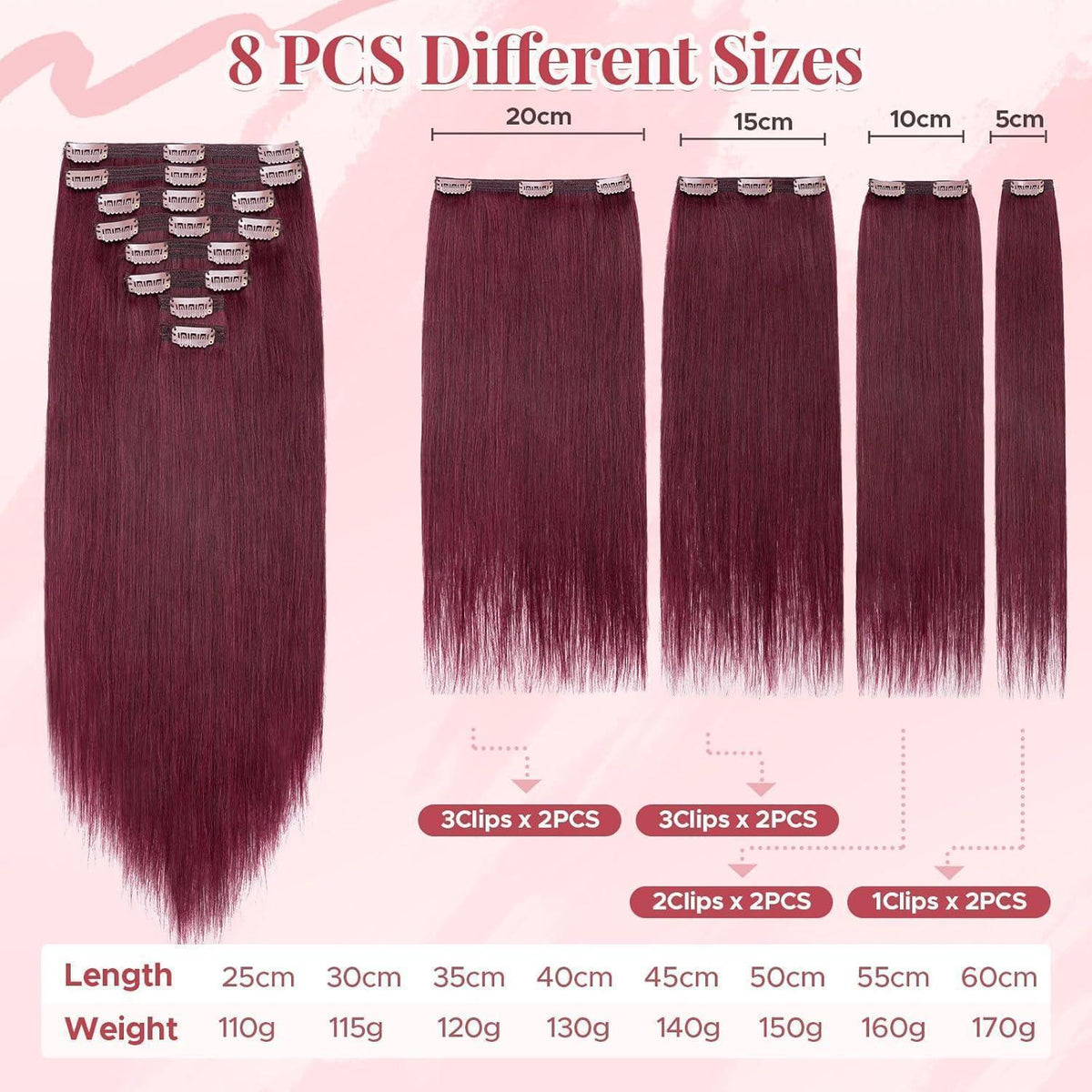 Clip In Echthaar Extensions Bordeauxrot 60cm - 170g