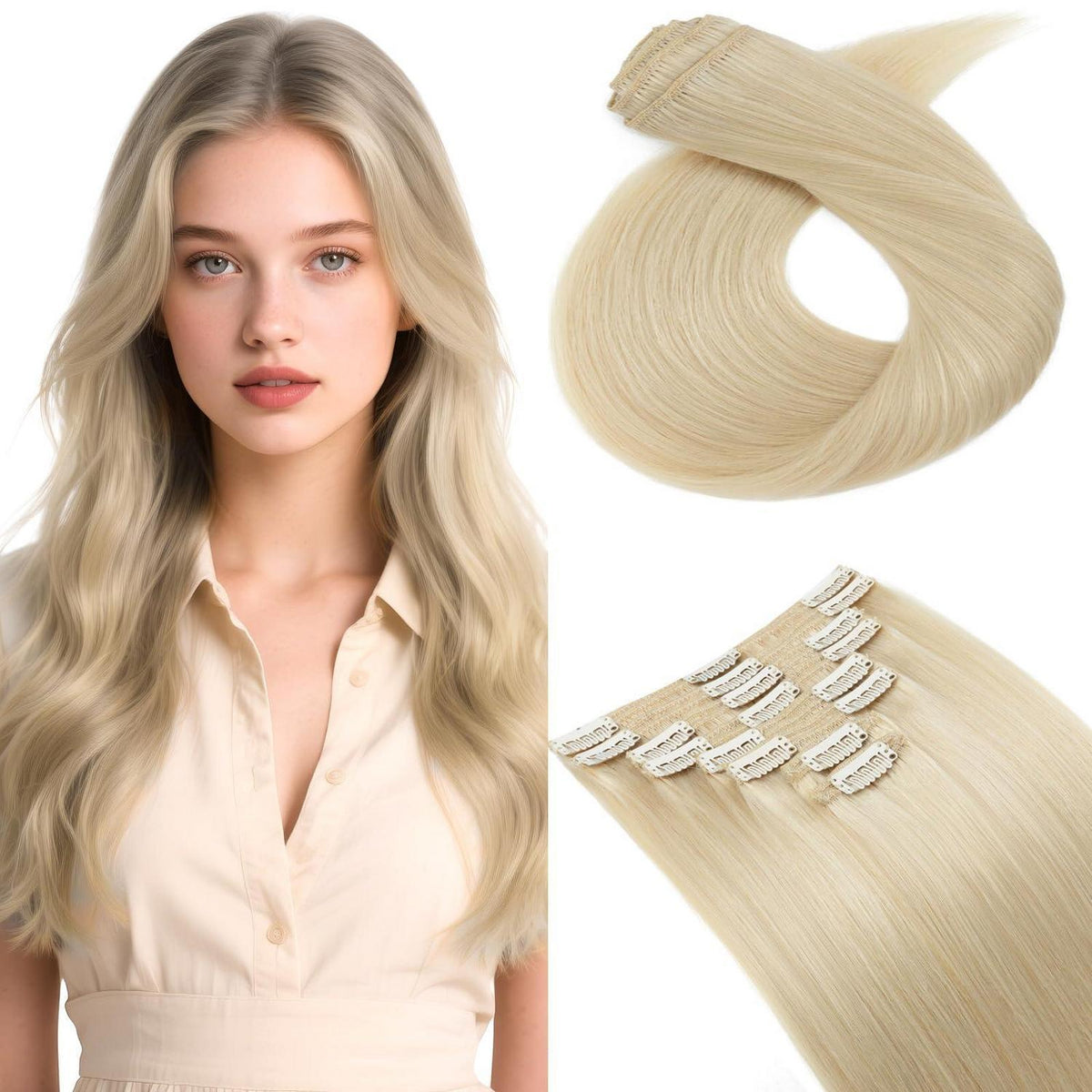 Clip In Haarverlängerung Echthaar 45cm Platinblond 140g