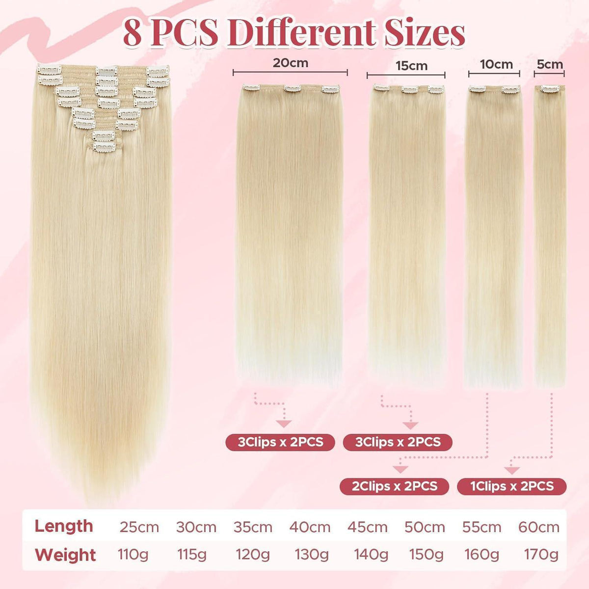 Clip In Haarverlängerung Echthaar 45cm Platinblond 140g