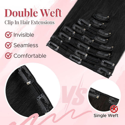 Clip In Echthaar Extensions Schwarz 40cm - 8-teiliges Set