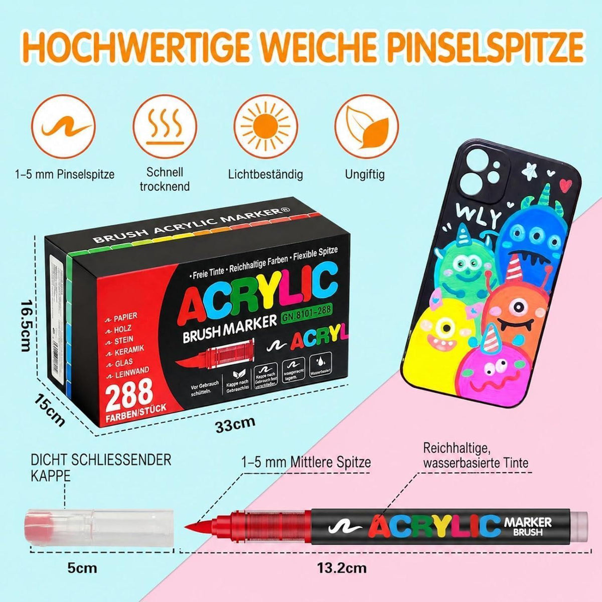 288 Acrylstifte Set Wasserfest für Stein, Holz & Co.
