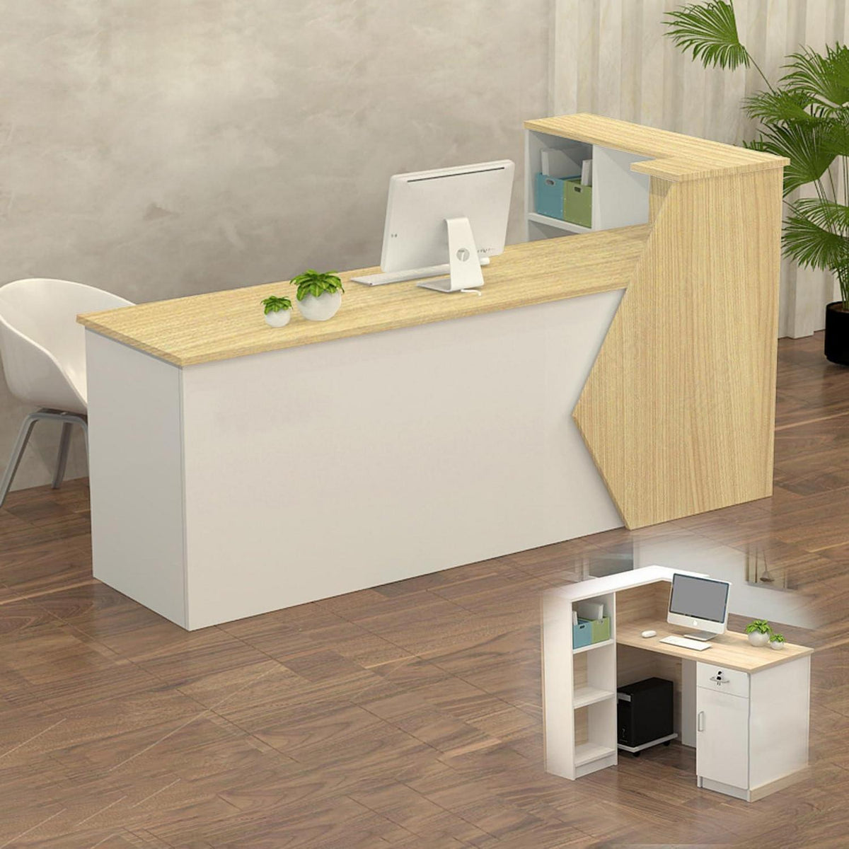 Rezeptionstheke Holz mit Stauraum – 100-300 cm, Weiß