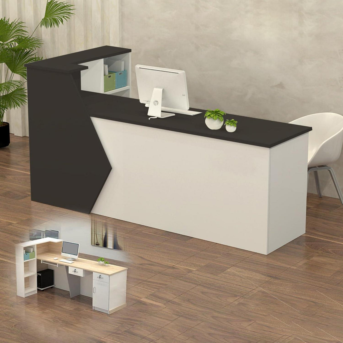 Rezeptionstheke Holz mit Stauraum – Schwarz Weiß 200x60x100cm