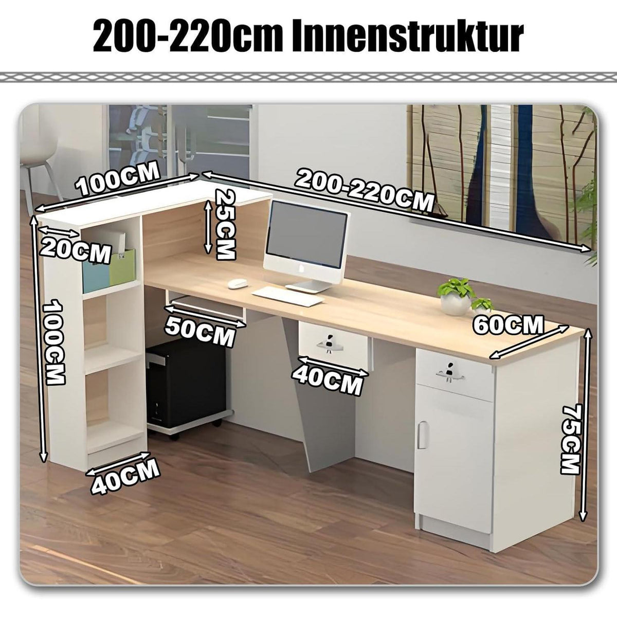 Rezeptionstheke Holz mit Stauraum – 280x60x100cm, Weiß & Schwarz