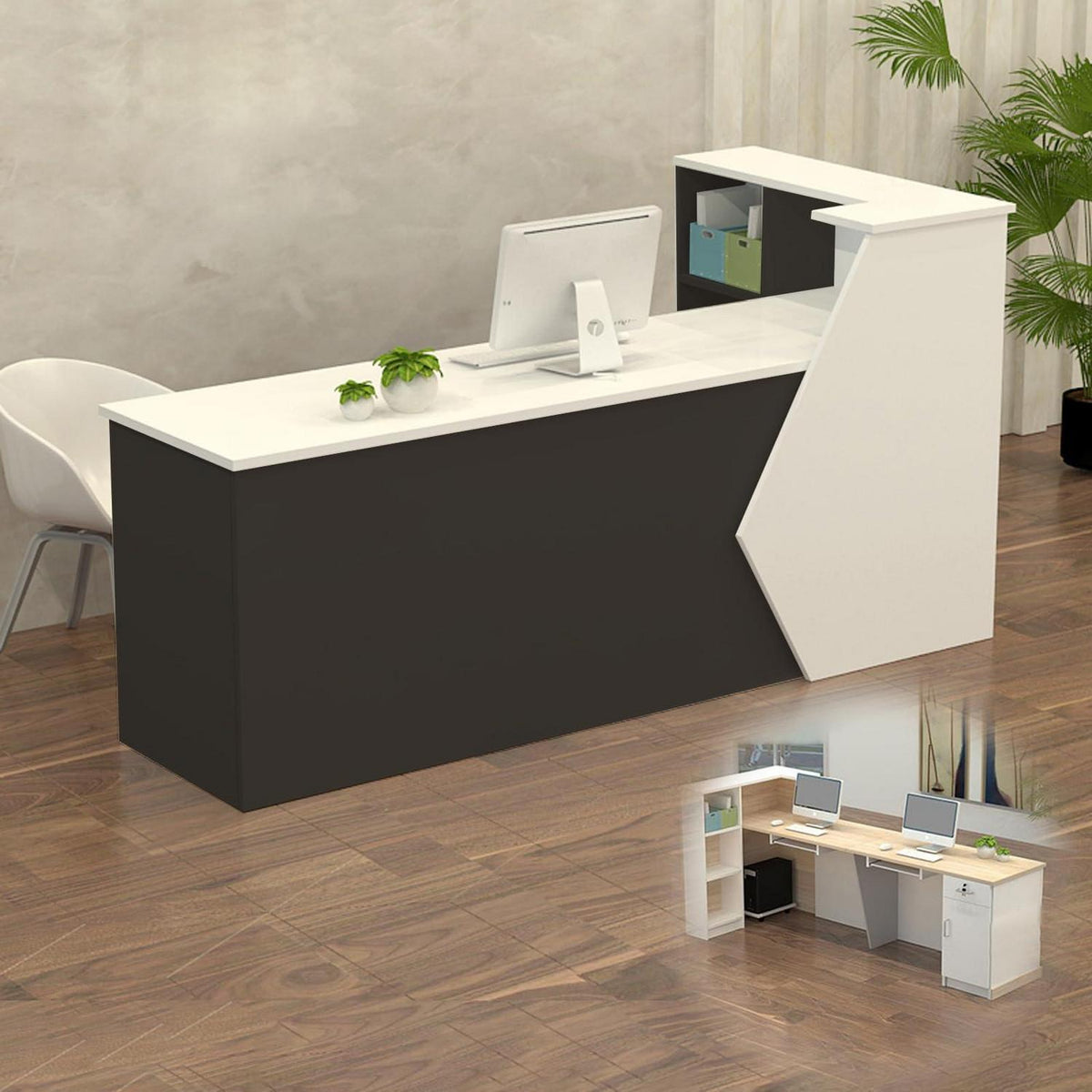 Rezeptionstheke Holz mit Stauraum – 300cm Weiß & Schwarz