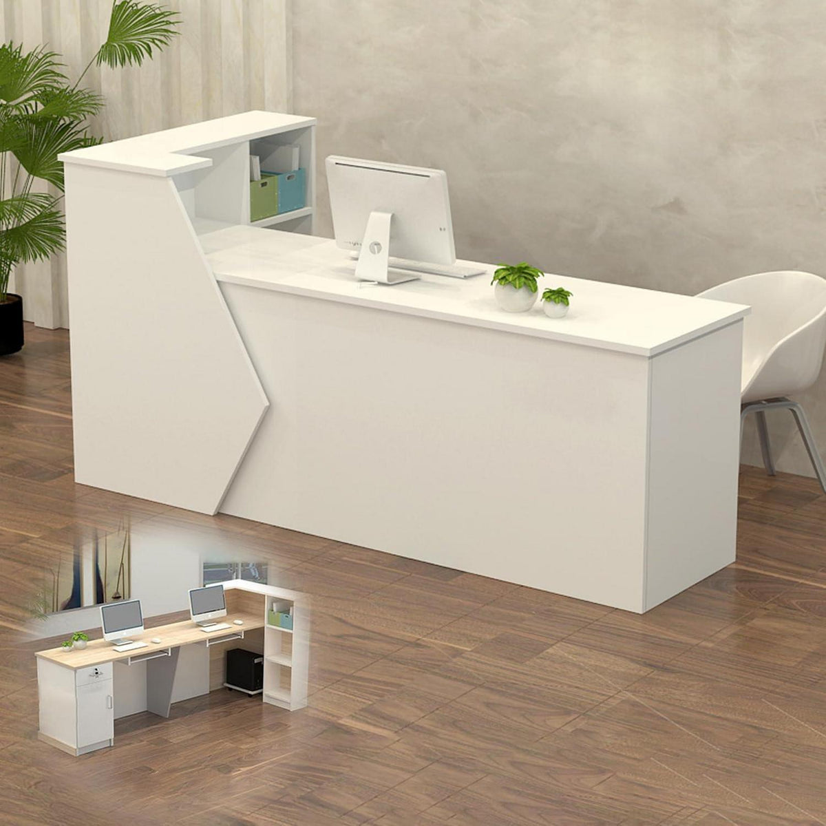 Rezeptionstheke Holz mit Stauraum – 260x60x100cm, Weiß